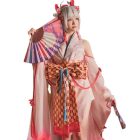 Shiranui costume close view of draped sleeves, patterned bow and white hairstyle