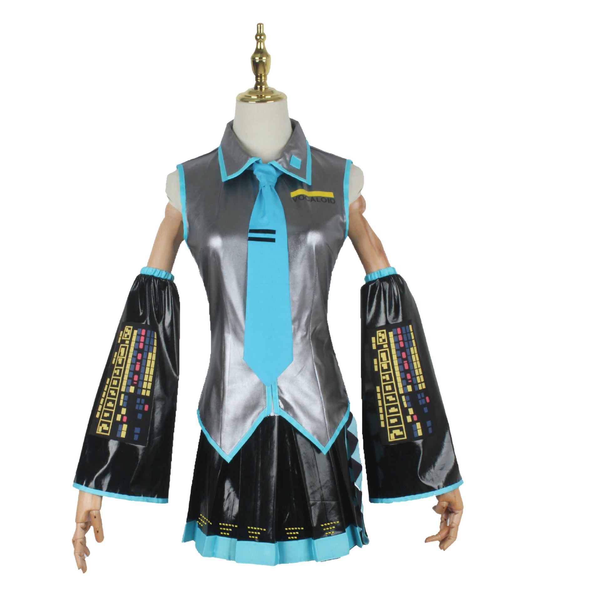 Hatsune Miku silver-gray costume front with turquoise tie and printed arm sleeves