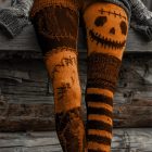 Orange and black leggings with a stitched jack-o face