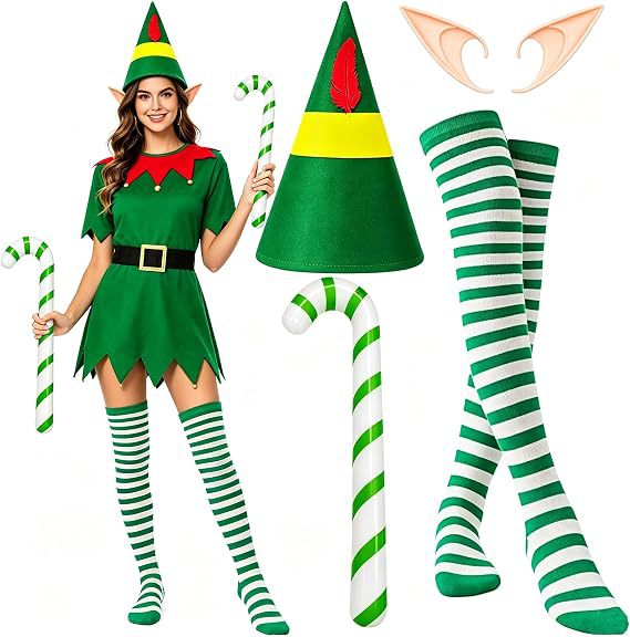 Green elf accessories worn with a separately styled green dress, alongside the included pieces
