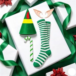 Christmas elf hat, ears, striped socks and candy cane accessory kit laid out together