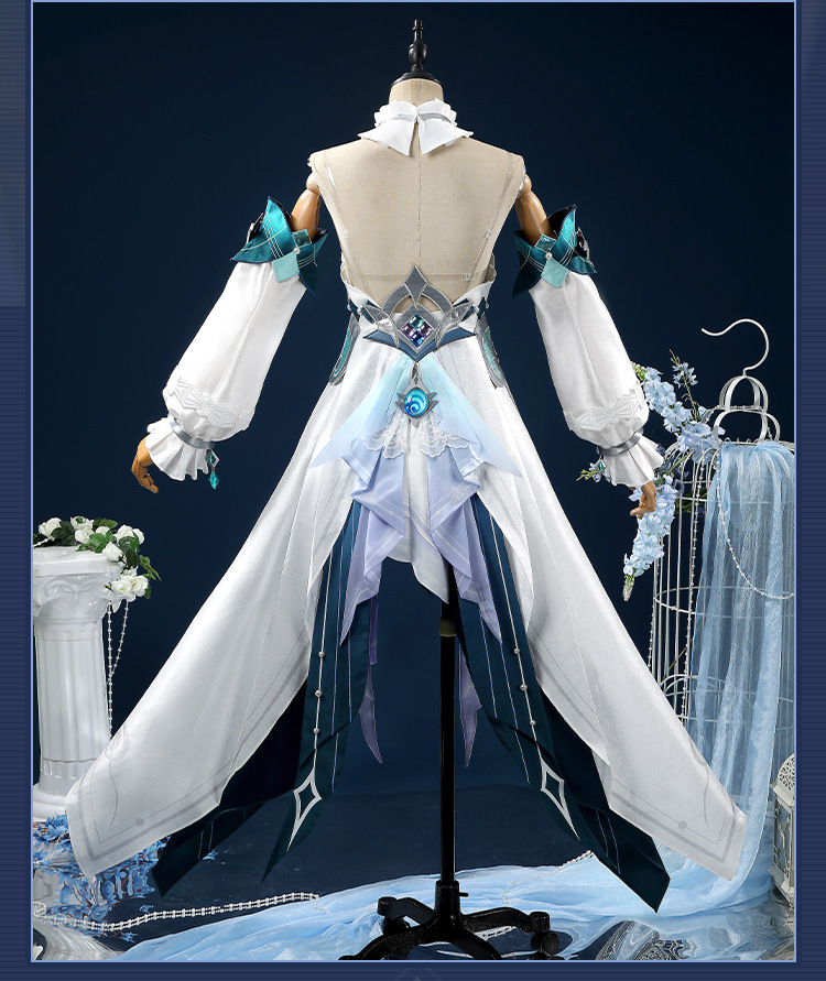 Wo Ya Ni Sha Genshin Impact white teal costume rear view on mannequin