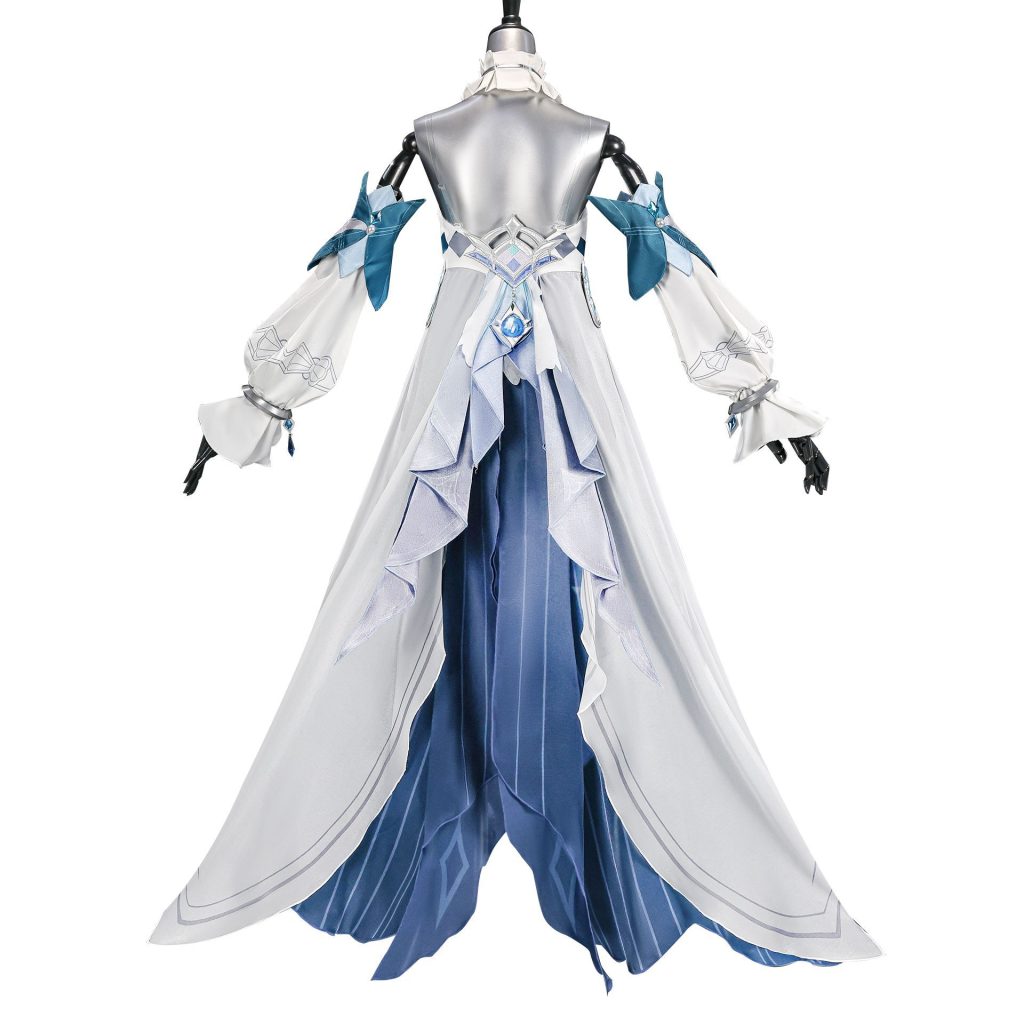 Rear view of Vodyanitsa blue and white cosplay costume on mannequin