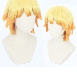 Two views of one Zenitsu yellow-blond wig with orange tips on display heads