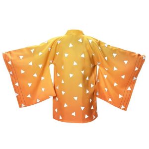 Back view of Zenitsu yellow-to-orange haori with white triangle pattern and wide sleeves