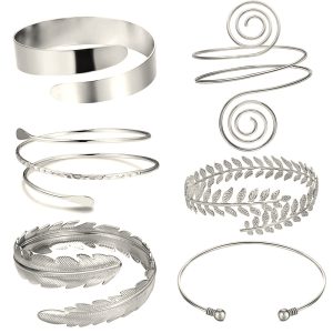 Woodland Leaf and Feather Cuffs — Six-cuff set / silver-colored