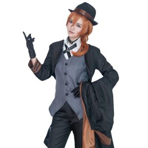 Chuuya Nakahara costume with layered gray vest, black jacket, brown-lined coat and hat; wig shown with optional package