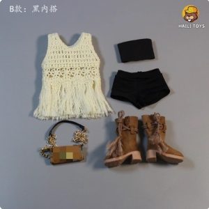 HAILI TOYS HF009 black-underlayer complete bohemian miniature outfit flat lay including top shorts bag boots