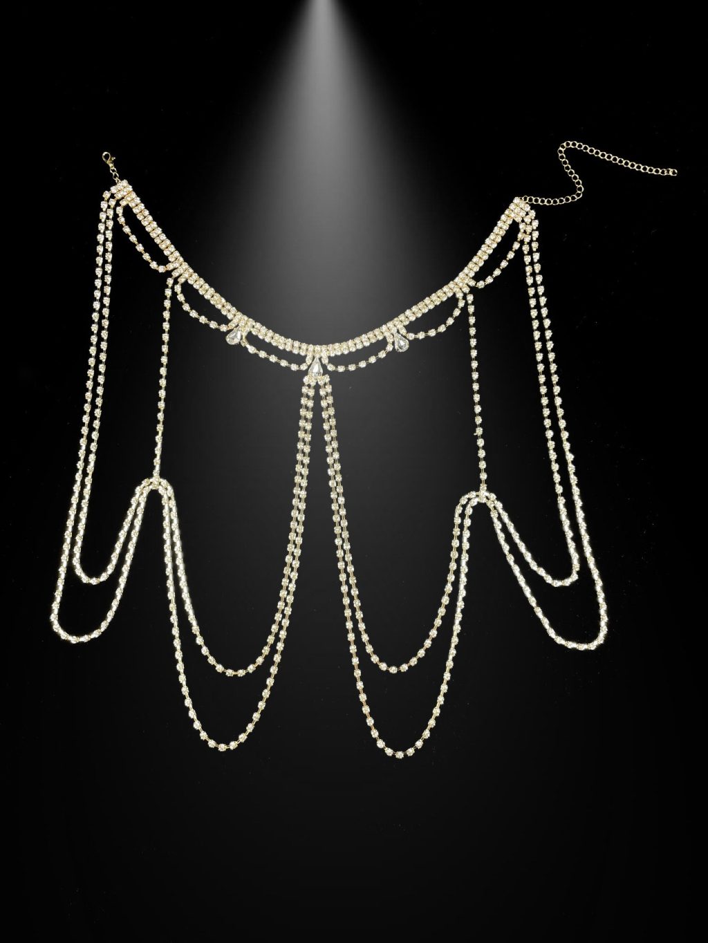 Gold rhinestone shoulder chain with scalloped drapes