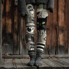 Black cat and spooky patchwork leggings on a model