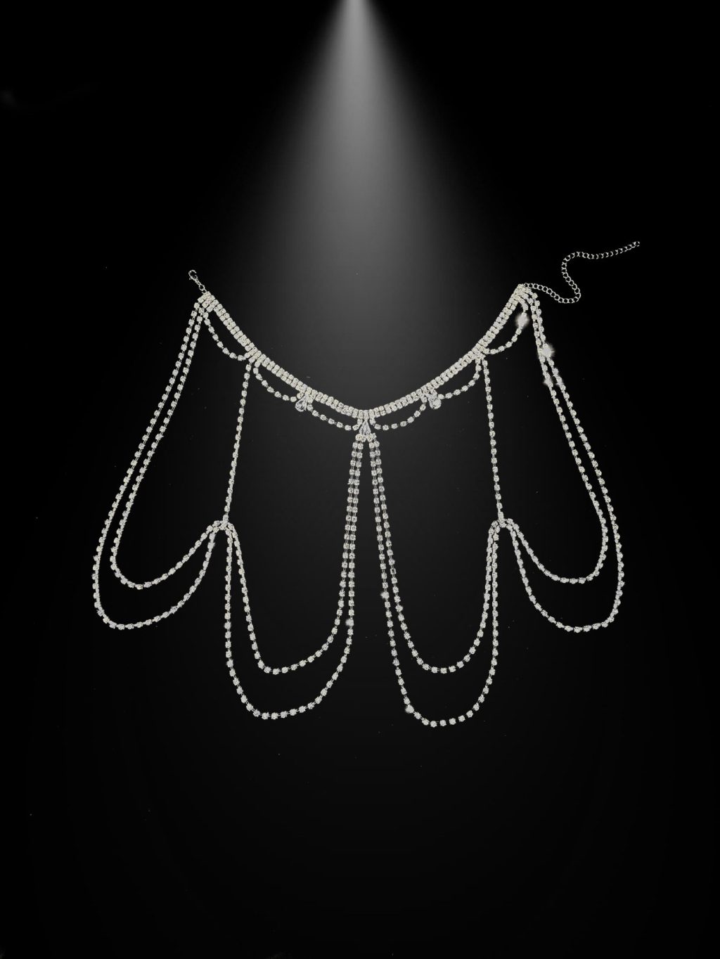Silver rhinestone shoulder chain with teardrop accents