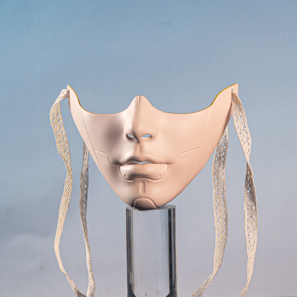 Beige mechanical lower-face mask and tie ribbons