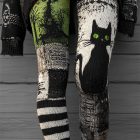 Black cat and green graveyard scene on patchwork leggings