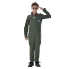 Child wearing an army-green pilot jumpsuit with aviation patches and zip pockets