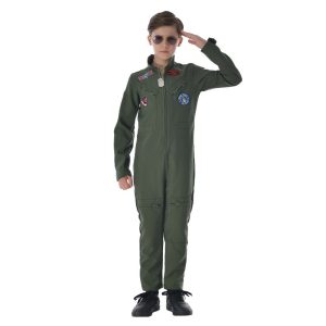 Child wearing an army-green pilot jumpsuit with aviation patches and zip pockets