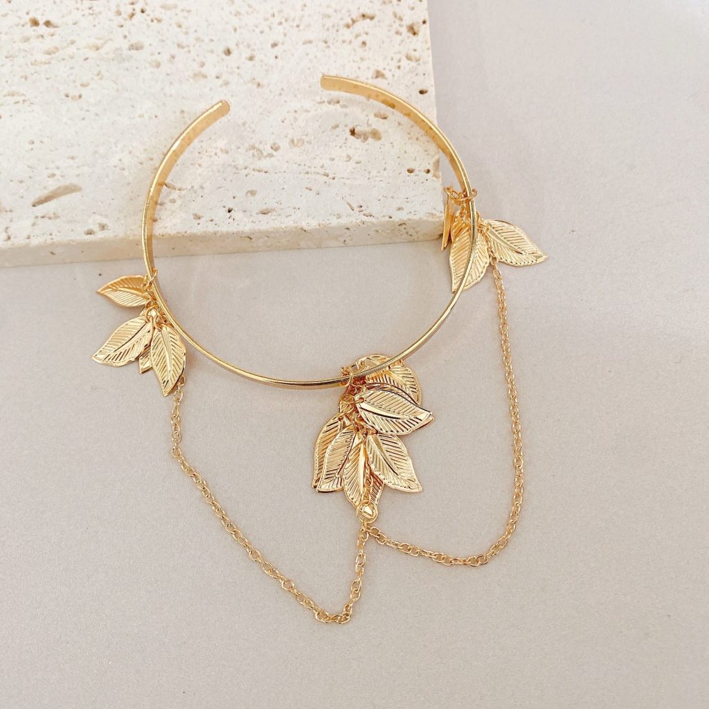 Woodland Leaf and Feather Cuffs — Leaf chain-drape cuff