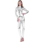 Silver metallic high-neck long-sleeve footless jumpsuit front view