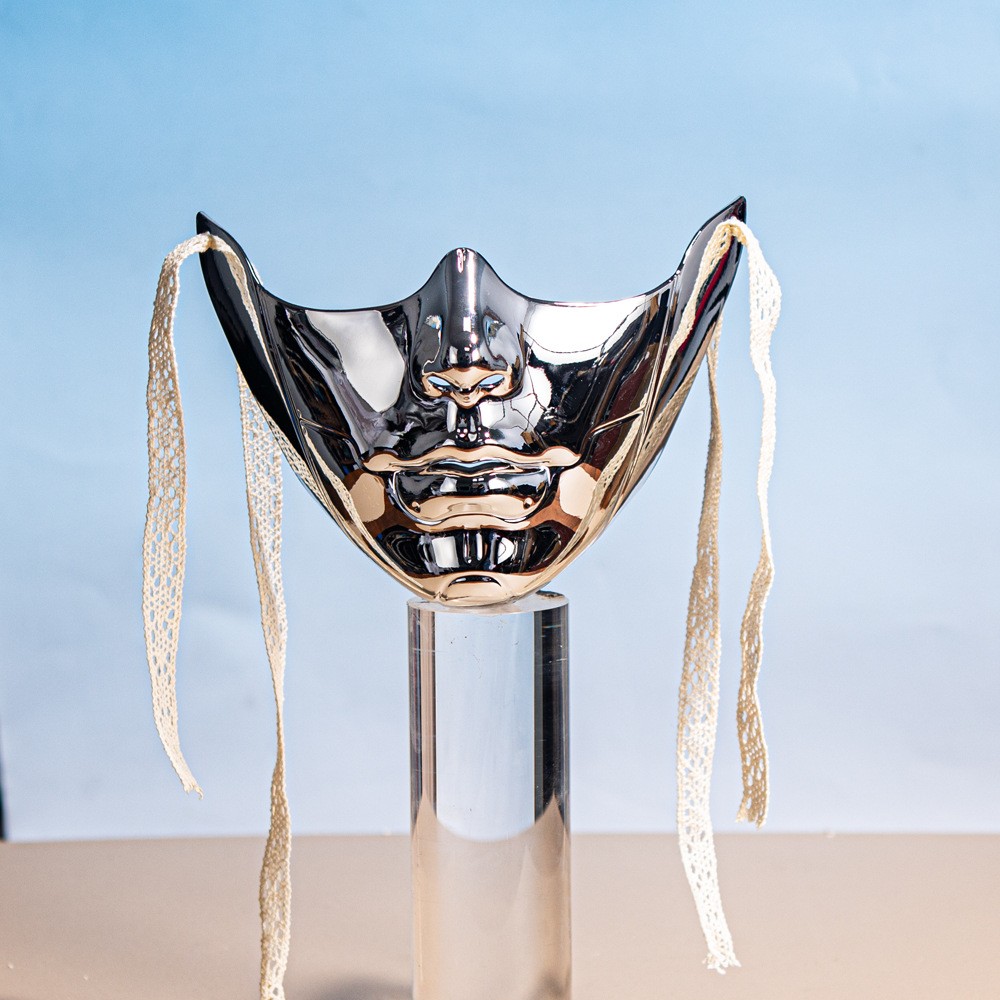 Sculpted &Amp; Mechanical Lower-Face Masquerade Mask 27 Actual silver mechanical lower-face mask with raised mouth and chin details