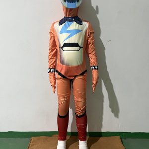 Glamrock Freddy orange jumpsuit with blue lightning chest print and bear headpiece