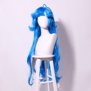 Dolia long bright blue styled cosplay wig shown on a white head form