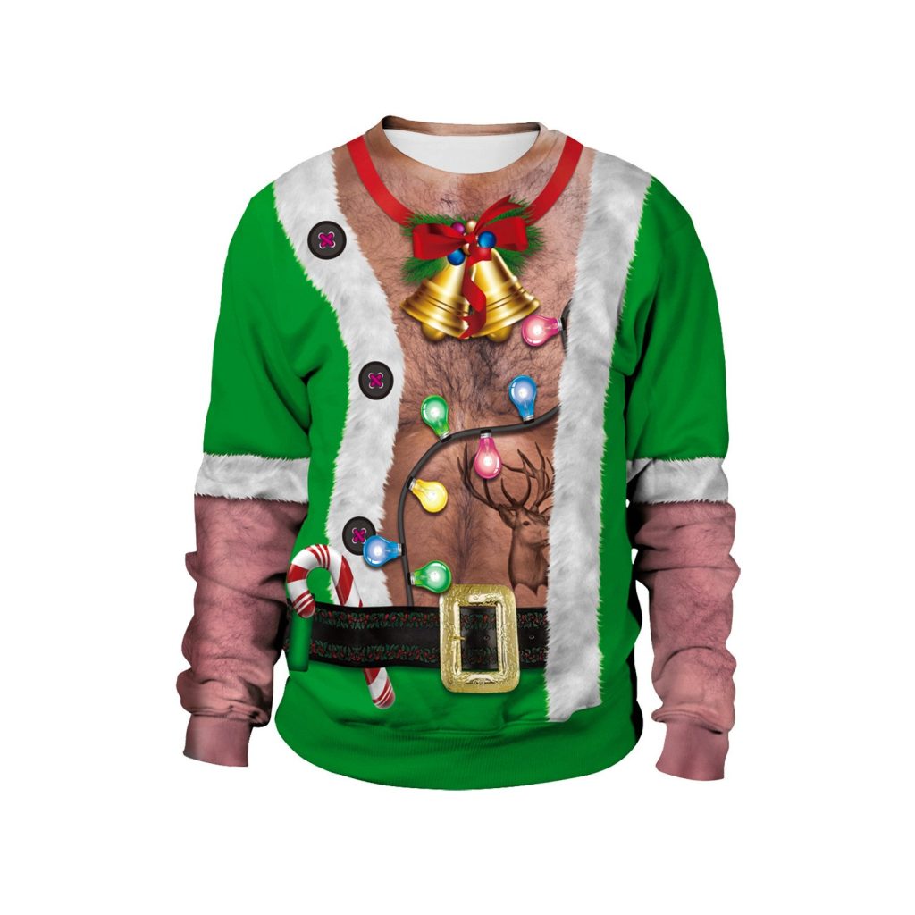 Green Santa vest and bells printed Christmas crewneck