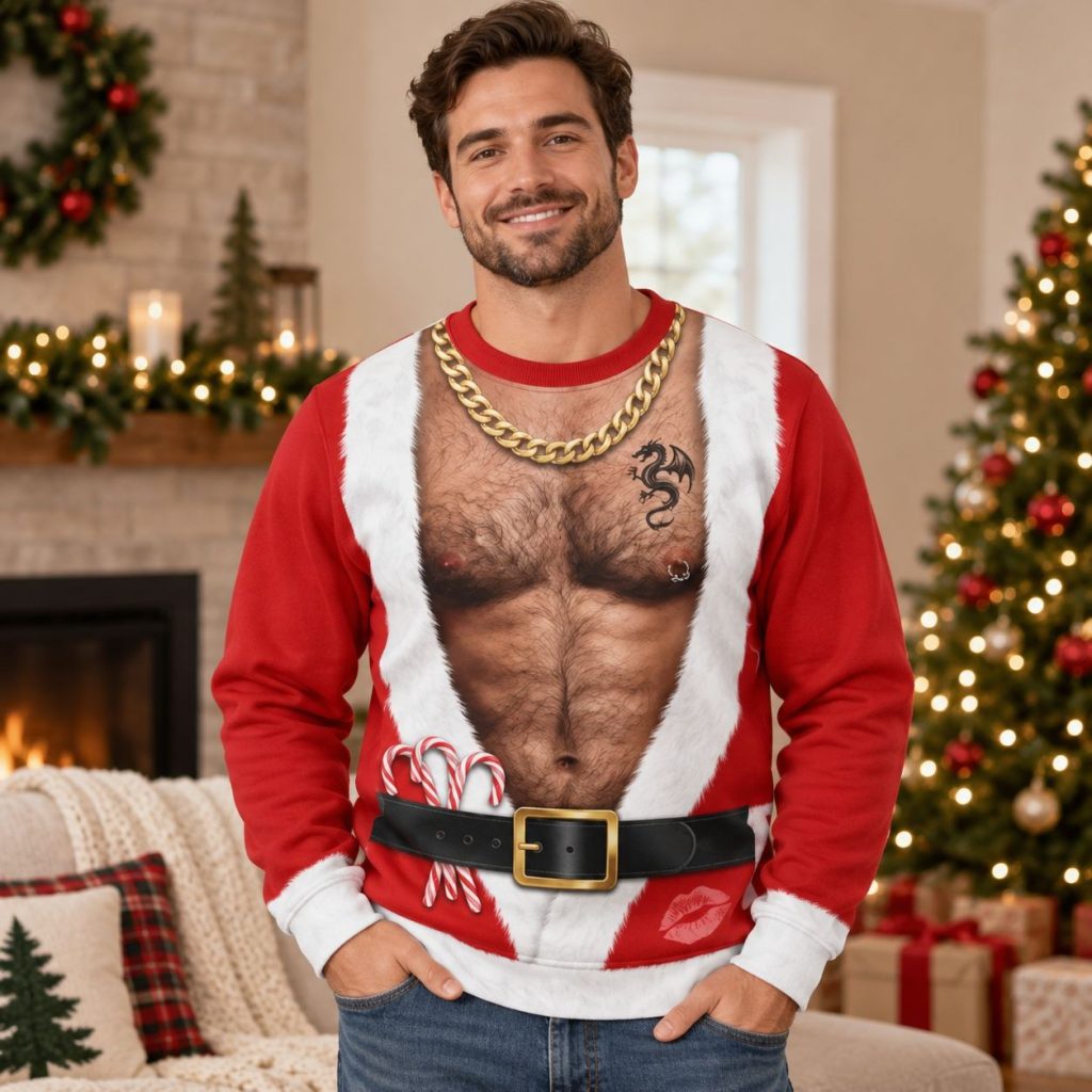 Gold-chain Santa and candy-cane Christmas printed sweatshirt