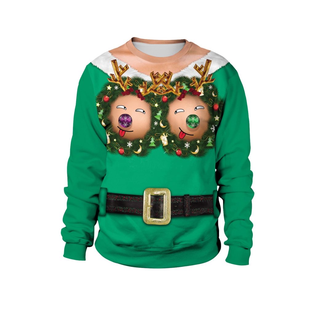 Green reindeer faces printed Christmas crewneck