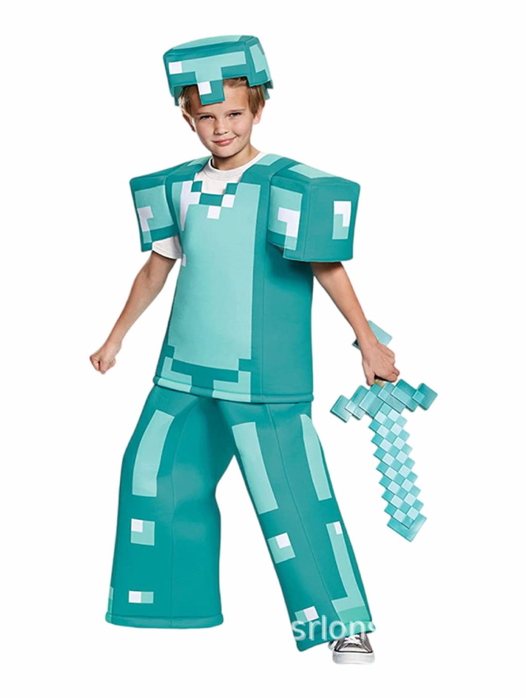 Child wearing turquoise pixel-pattern costume shirt, matching pants and angular cap with square shoulder panels