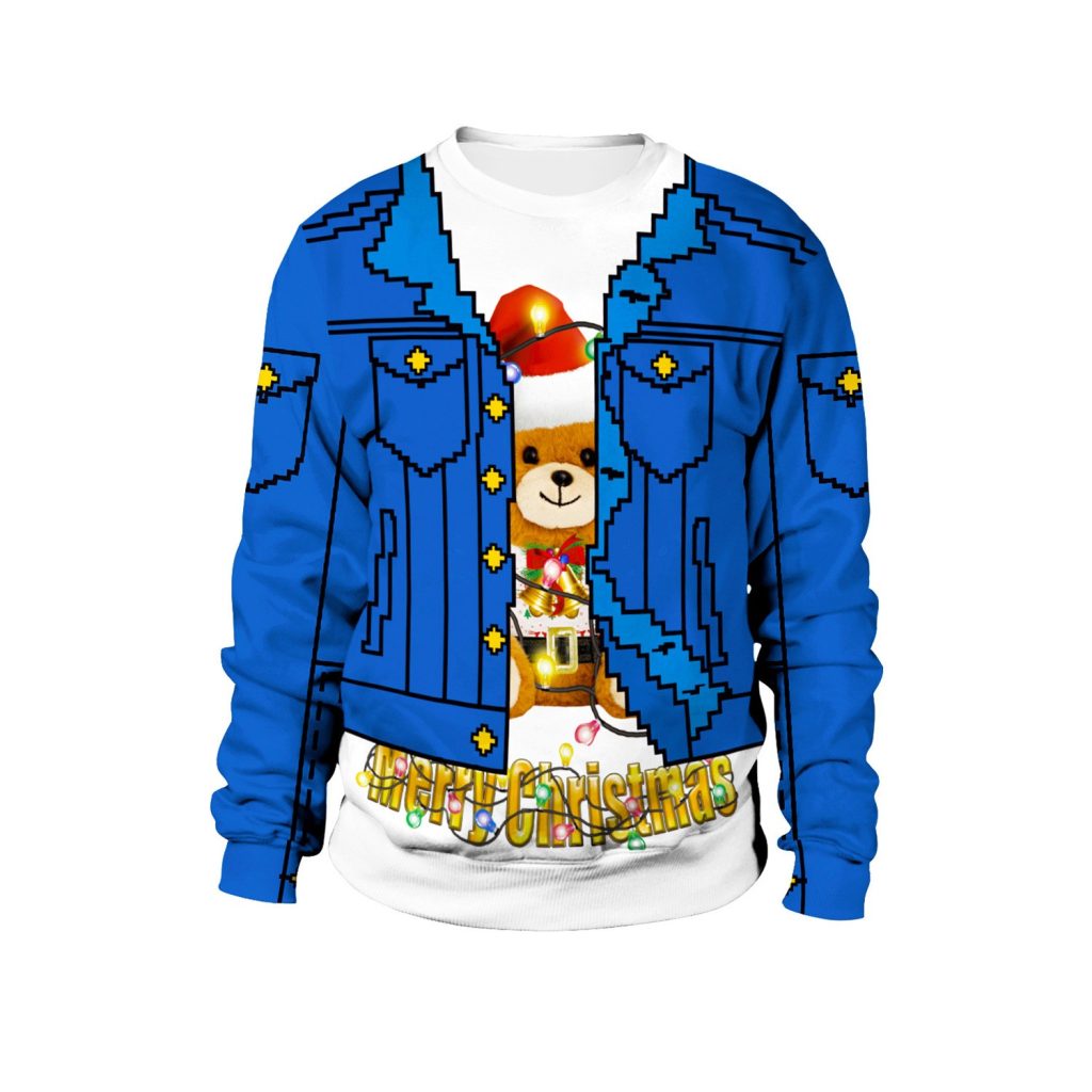 Blue pixel bear Happy Christmas printed crewneck