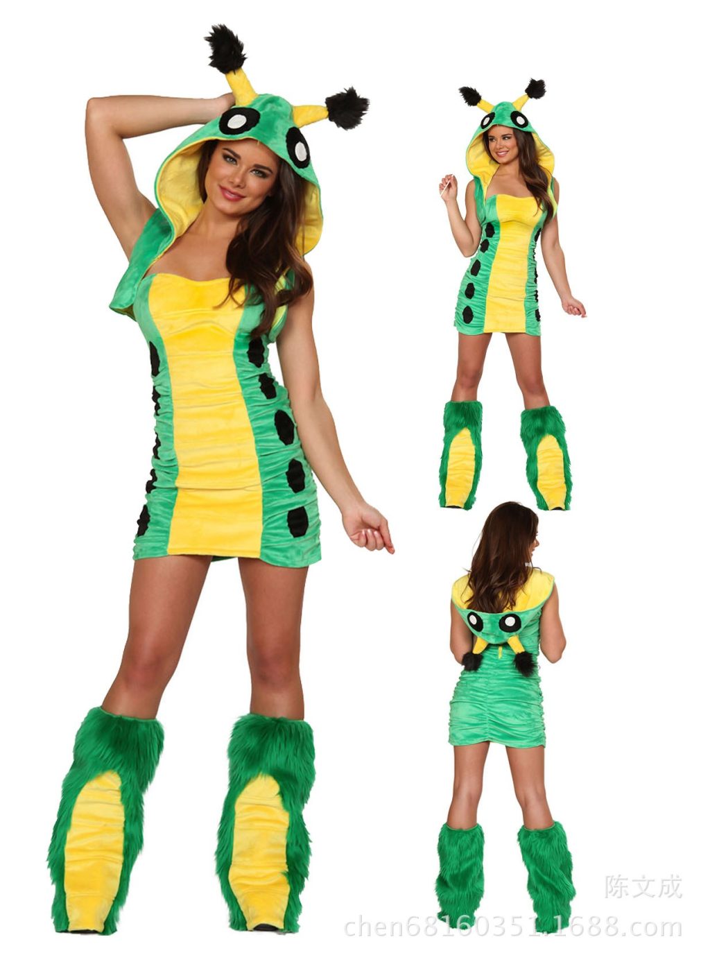 Green and yellow bug costume front and back