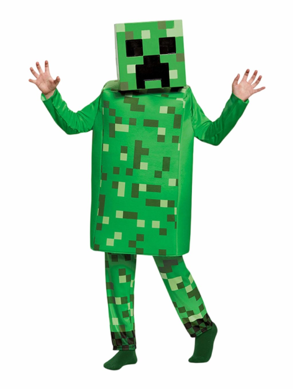 Child wearing green Minecraft Creeper headgear, pixel-block shirt and matching pants