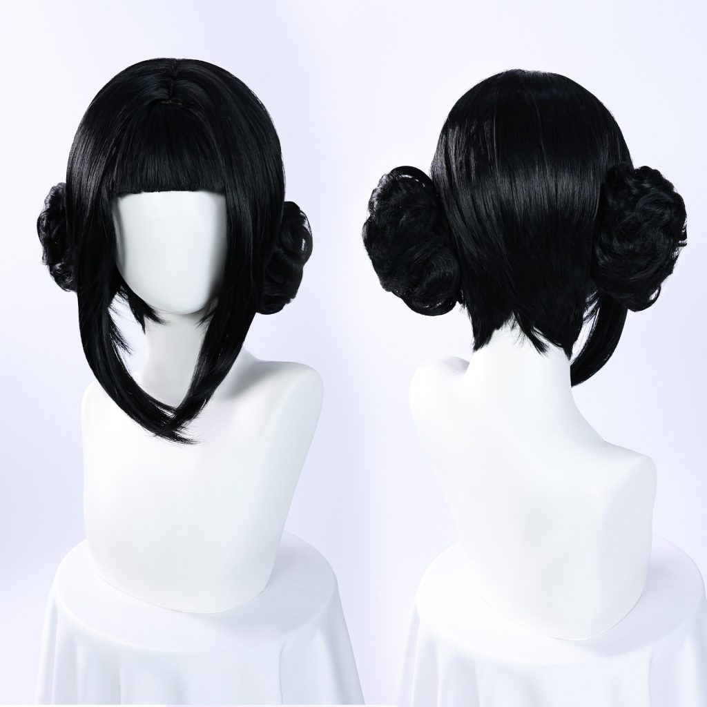 Zoey black twin-bun cosplay wig with blunt fringe and long face-framing pieces, front and back views