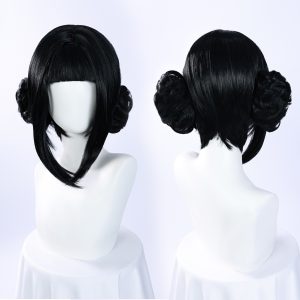 Zoey black twin-bun cosplay wig with blunt fringe and long face-framing pieces, front and back views