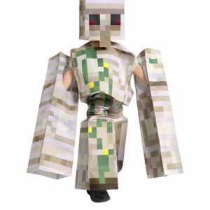 Child wearing Minecraft Iron Golem mask, block-pattern arm pieces, shirt and pants