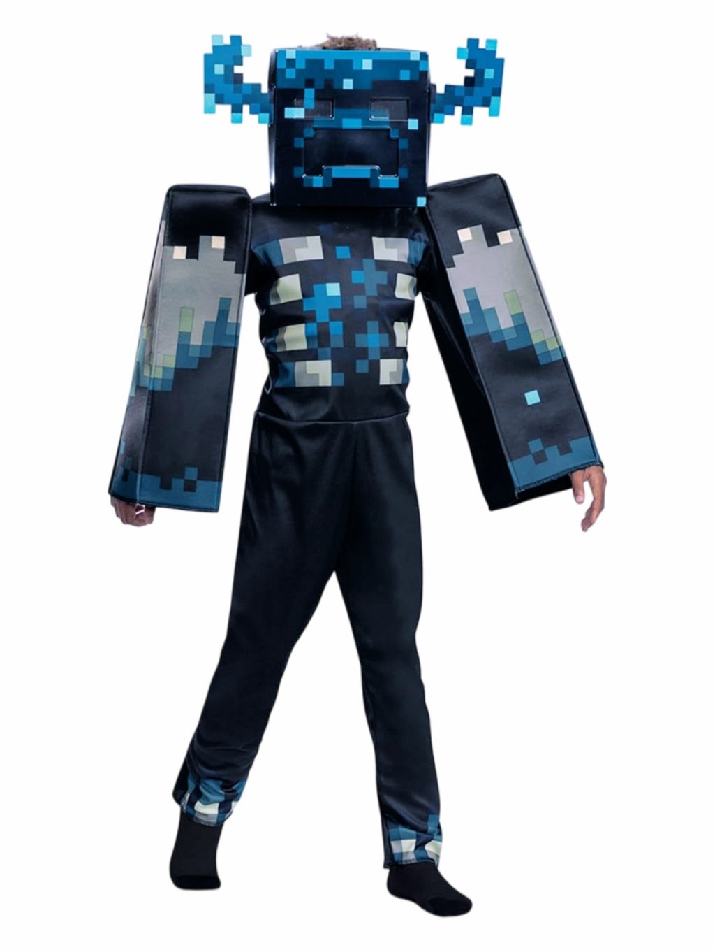 Child wearing a navy Minecraft Warden jumpsuit with blue pixel details and horned headgear