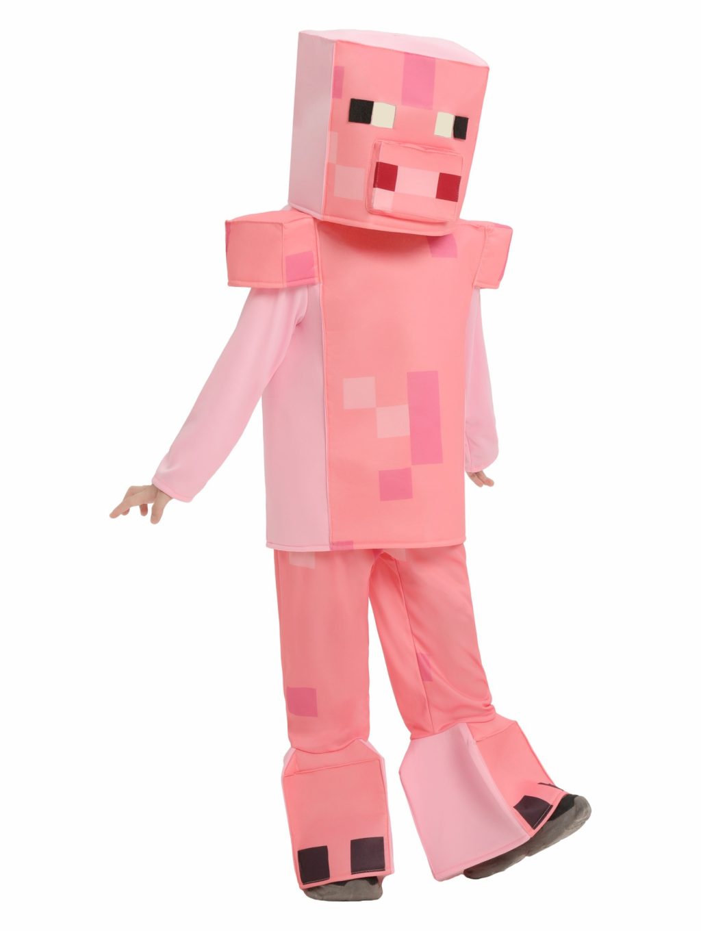 Child wearing pink Minecraft Pig headgear with square snout, shirt and pants