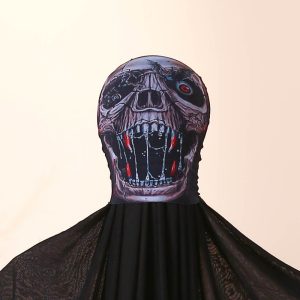 R print dark open-mouthed skull mesh hood