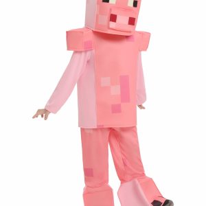 Child wearing pink Minecraft Pig headgear with square snout, shirt and pants