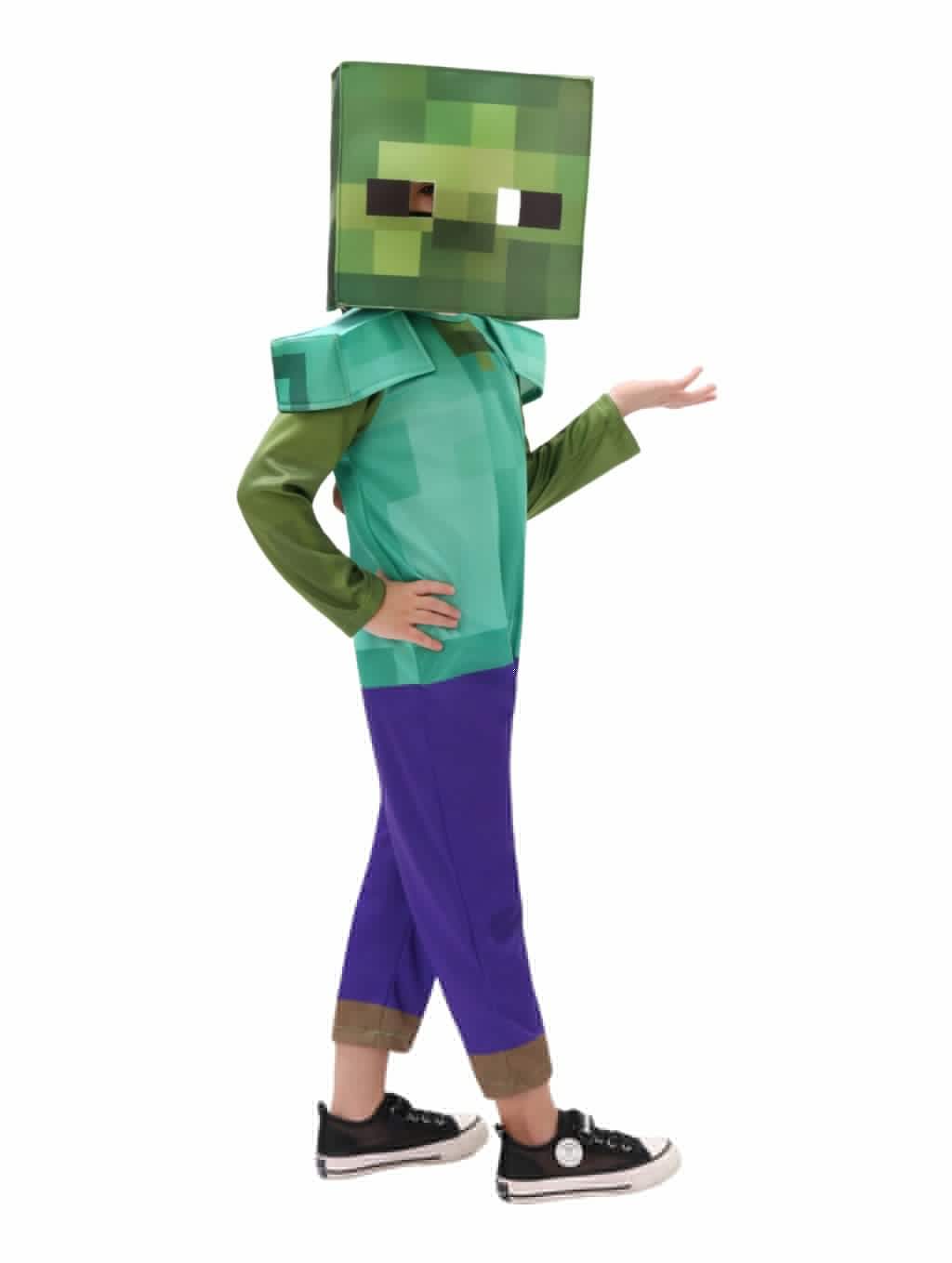 Child wearing green and purple Minecraft Zombie jumpsuit and square face mask