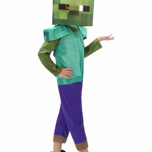 Child wearing green and purple Minecraft Zombie jumpsuit and square face mask