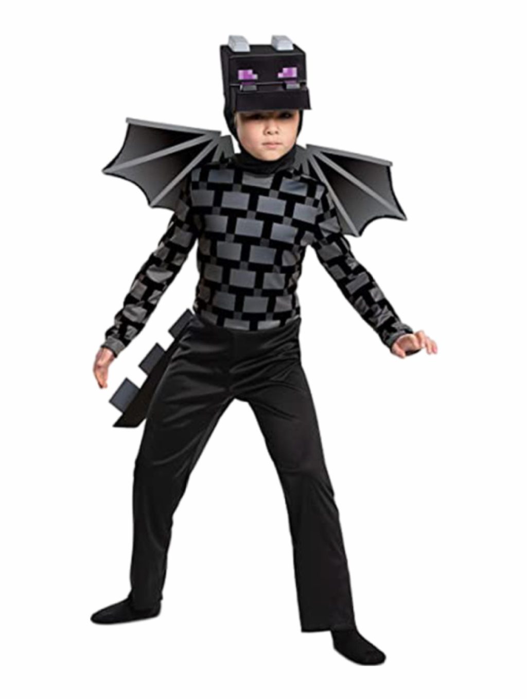 Child wearing dark Minecraft Ender Dragon costume with angular wings and dragon cap