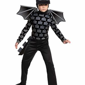 Child wearing dark Minecraft Ender Dragon costume with angular wings and dragon cap