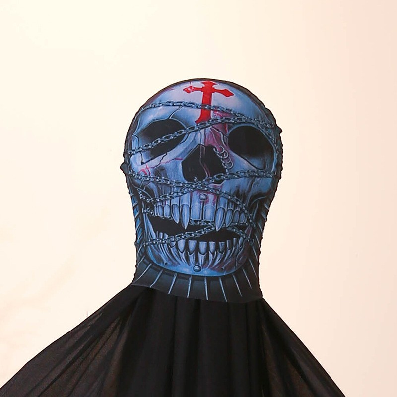 L print blue chained skull mesh hood
