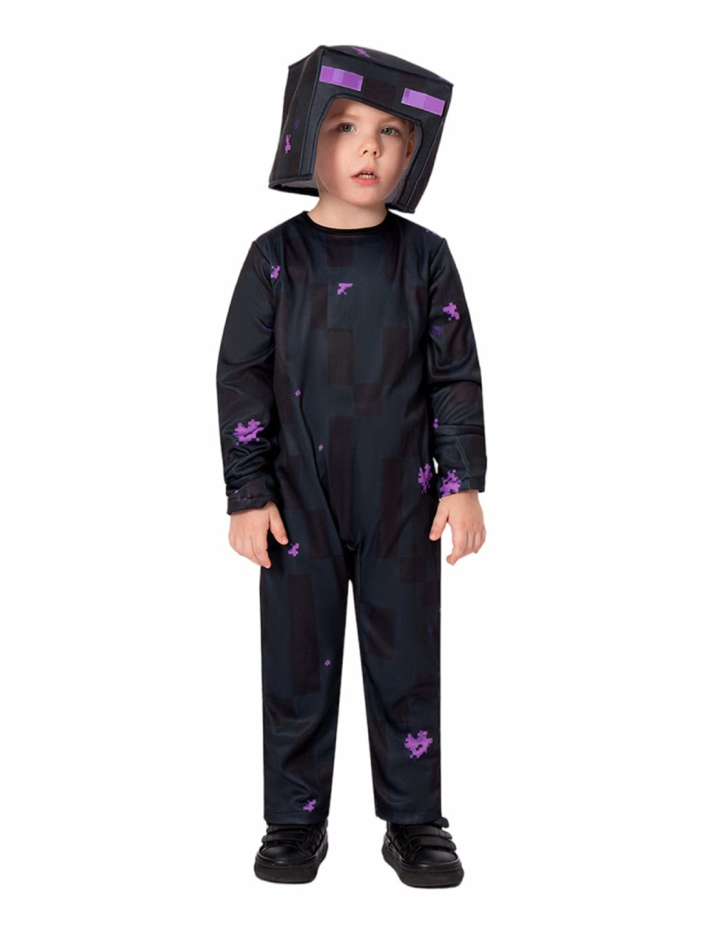 Child wearing black Minecraft Enderman jumpsuit with purple pixel details and square headgear