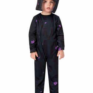 Child wearing black Minecraft Enderman jumpsuit with purple pixel details and square headgear
