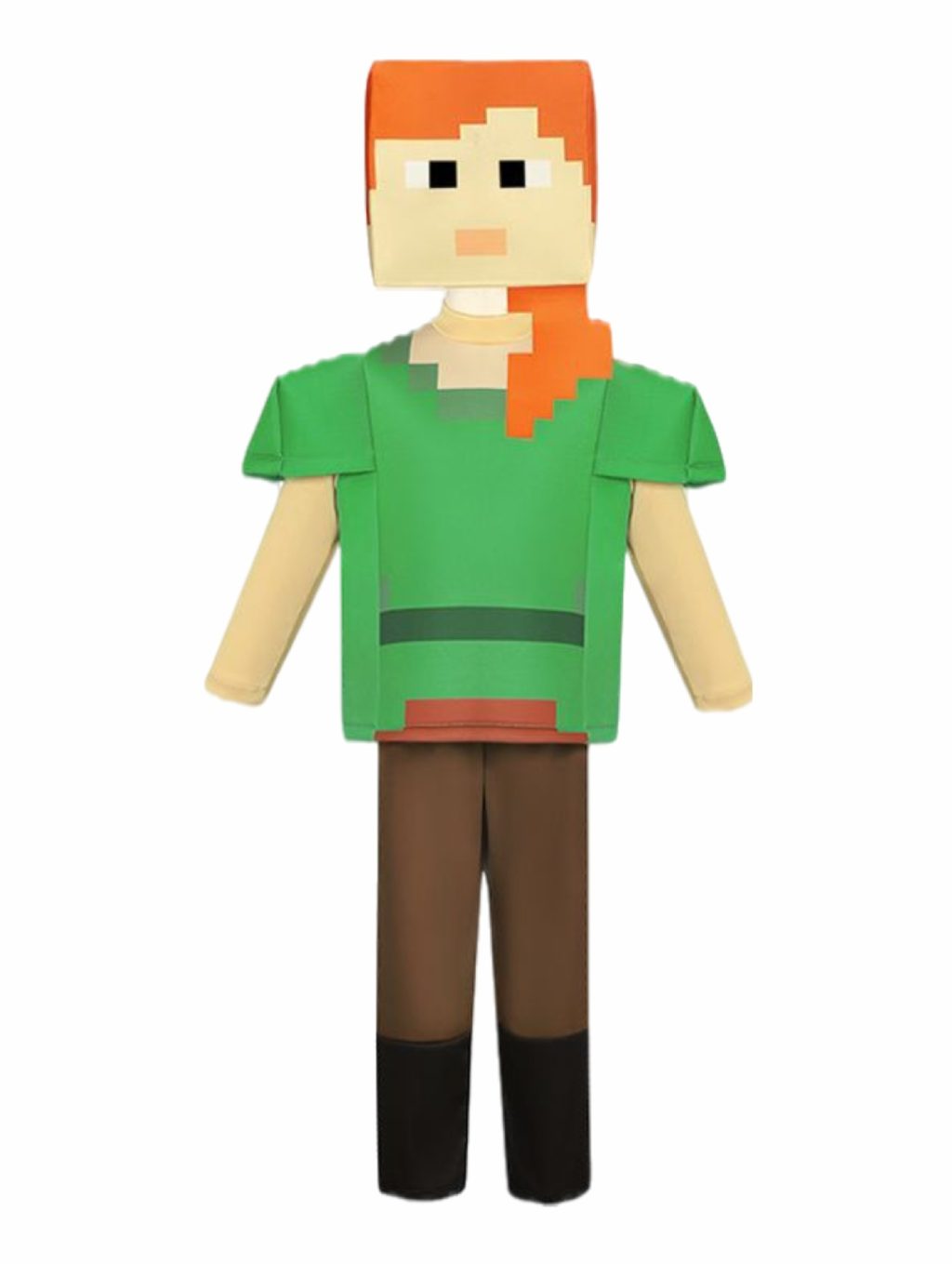 Minecraft Alex costume with orange-haired mask, green shirt and brown pants