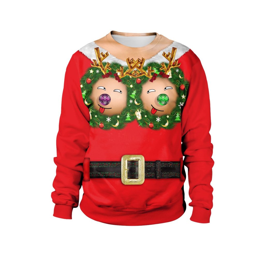 Red reindeer faces printed Christmas crewneck
