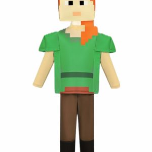 Minecraft Alex costume with orange-haired mask, green shirt and brown pants