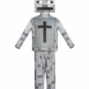 Minecraft Skeleton costume with square gray mask, pixel-bone shirt and matching pants