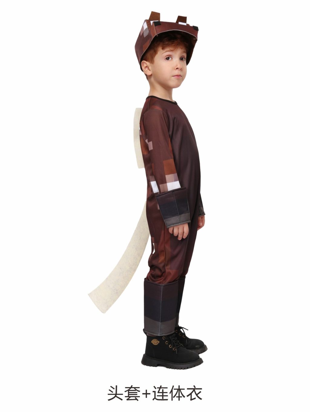 Child wearing brown Minecraft Horse jumpsuit with tail and eared headgear